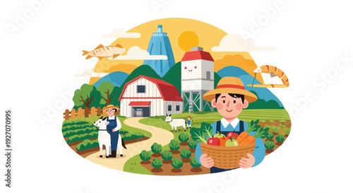 Happy Farmer Holding Fresh Produce Basket on a Rural Farm with Barn and Fields. Agriculture and Organic Harvest Illustration.
