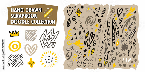 Hand drawn scrapbook doodle collection with hearts stars and geometric shapes