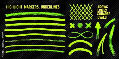 Bright green highlighter marks arrows lines and shapes on a black background