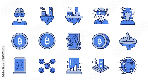 Metaverse Icons: VR, Crypto, Blockchain, Digital World, Futuristic Technology