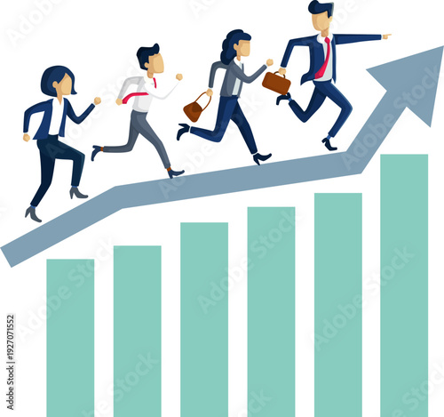  Business Team Running Up Growth Arrow Over Bar Chart