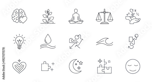 Mindfulness Icons: Brain, Growth, Meditation, Balance, Idea, Nature, Peace