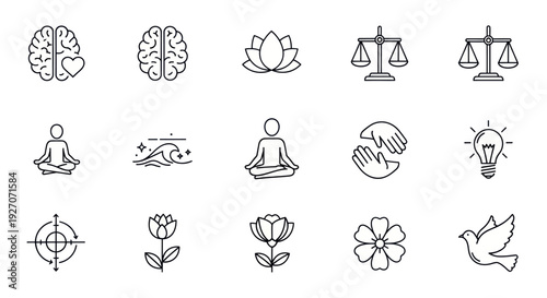 Mindfulness and Balance Icons: Brain, Lotus, Scales, Meditation, Nature, Hands, Lightbulb