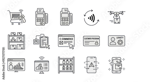 Modern E-commerce and Logistics Icons: Shopping, Payment, Delivery, Data