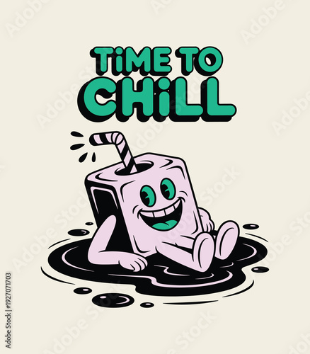 Retro Style Time to Chill Illustration with Happy Ice Cube Character and Straw Relaxing in Puddle
