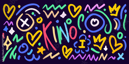 Colorful doodle art with hearts stars and the word kino displayed