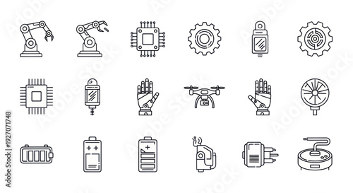 Modern Technology Icons: Robotics, AI, Drone, Battery, Future Tech