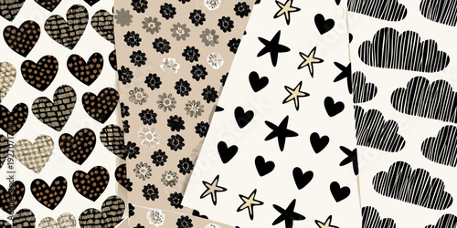 Variety of patterned papers featuring hearts stars flowers and clouds
