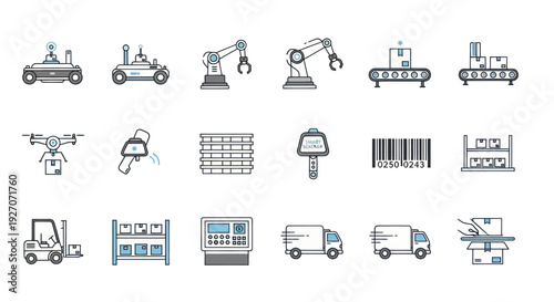 Modern Logistics and Warehouse Icons: Automation, Delivery, and Technology