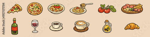 Set of vintage hand-drawn Italian cuisine icons including pizza, pasta, wine, coffee, and olive oil. Sketchy rustic style for restaurant menus.