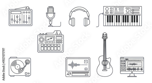 Music Production Equipment Icons Set: Dj Turntable, Mixer, Microphone, Keyboard, Guitar
