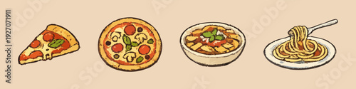 Vintage style hand-drawn set of Italian food icons featuring pizza slices, whole pizza, pasta bowl, and spaghetti on a beige background.