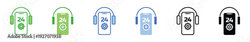 24/7 Customer Service Support Icon Set – Smartphone with Headphones and Gear Symbol, Technical Assistance and Call Center Vector Illustration