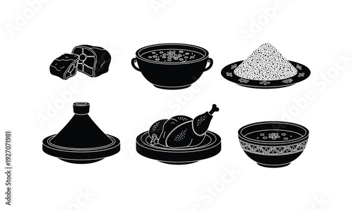 A collection of black silhouette illustrations depicting various traditional foods