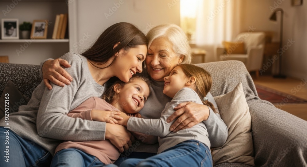 Fototapeta premium Three Generations of Happy Women Embrace on a Sofa in a Cozy Home Setting