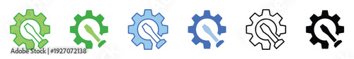 Gear and Wrench Service Icon Set – Maintenance, Repair and Technical Support Vector Illustration in Flat, Line and Glyph Styles
