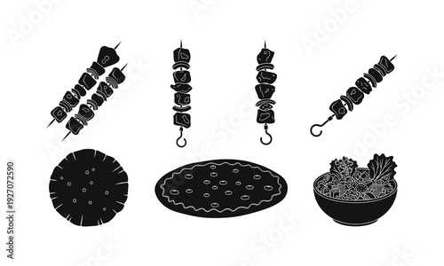 Black and white illustration of kebabs pita bread and a salad bowl