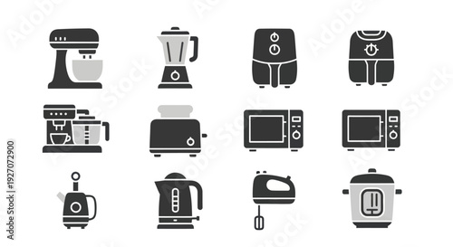 Kitchen Appliance Icons: Mixer, Blender, Air Fryer, Coffee Maker, Toaster, Microwave