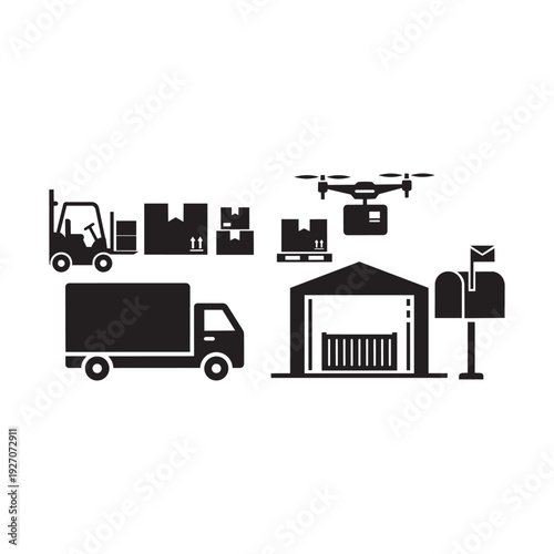 Logistics and shipping icons set with truck drone and warehouse