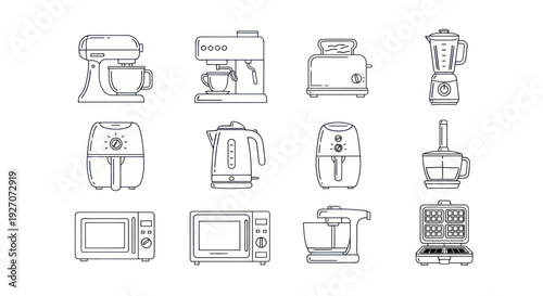 Kitchen Appliance Icons Set: Mixer, Coffee Maker, Toaster, Blender, Air Fryer, Kettle, Microwave