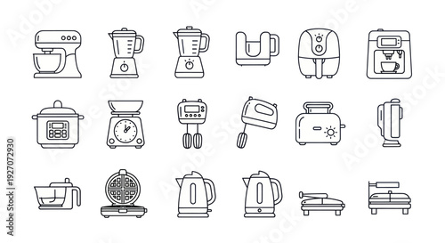 Kitchen Appliances Icons Set: Mixer, Blender, Toaster, Kettle, Air Fryer & More