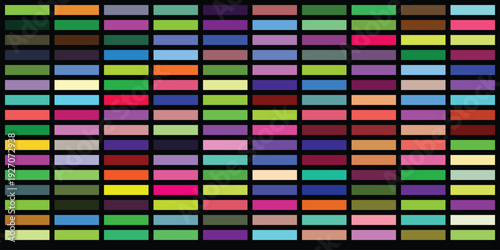Comprehensive color palette shown through small rectangular tiles in rows for design inspiration and artistic decoration projects requiring bold geometric patterns and textures