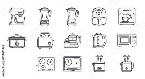 Kitchen Appliances Line Icon Set: Modern Home Cooking Equipment Collection