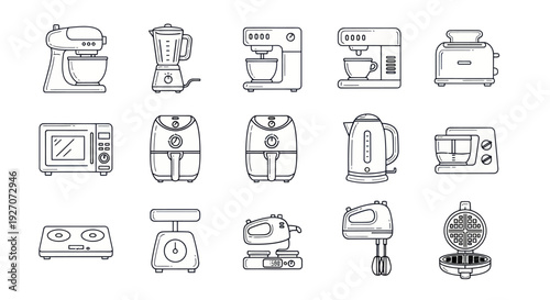 Kitchen Appliances Line Art Icons: Mixer, Blender, Coffee Maker, Toaster, Microwave