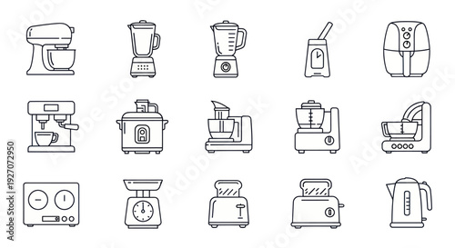 Kitchen Appliances Line Icons: Blender, Mixer, Coffee Maker, Toaster, Kettle, Scale