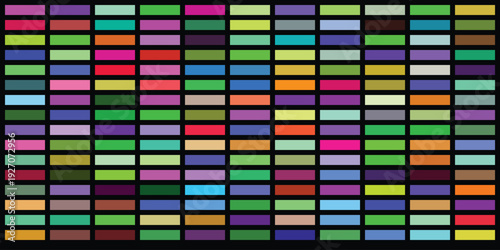 Abstract grid of colorful rectangular shapes on black background created as vibrant mosaic patterns for graphic design projects including diverse palette of neon and pastel shades