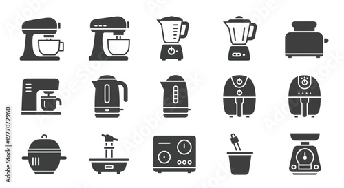 Kitchen Appliance Icons Set - Mixer, Blender, Toaster, Coffee Maker, Kettle, Air Fryer