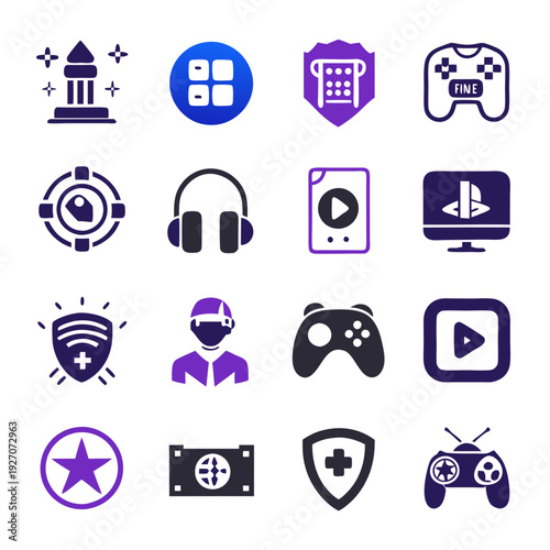 Game development and design icons representing various game features