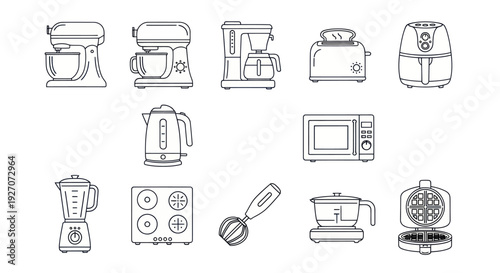 Kitchen Appliances Icons Set: Mixer, Toaster, Kettle, Microwave, Blender