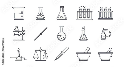 Laboratory Equipment Line Art Icons: Chemistry, Science, Research, Education - White Background