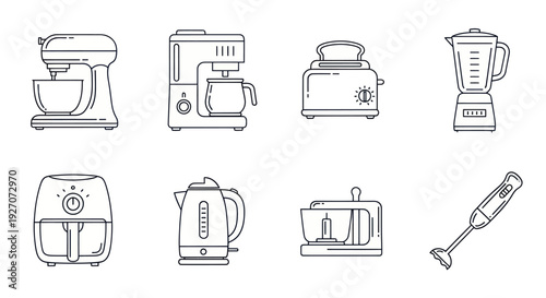 Kitchen Appliances Line Art Icons Set: Mixer, Coffee Maker, Toaster, Blender, Air Fryer