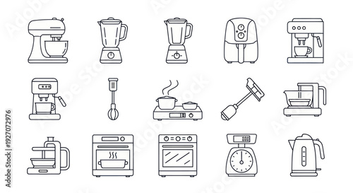 Kitchen Appliances Line Icons Set: Mixer, Blender, Coffee Maker, Oven, Kettle