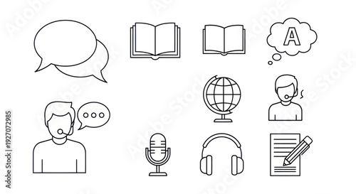 Language Learning Icons: Communication, Education, Translation, and Global Concepts