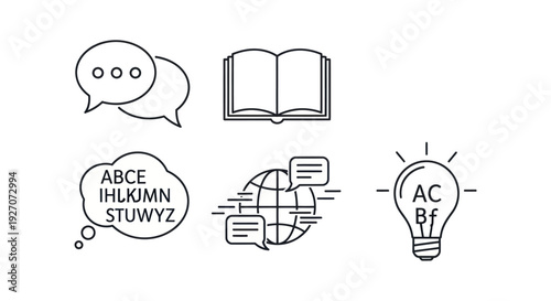 Language Learning and Communication Icons: Speech Bubbles, Book, Globe, Lightbulb