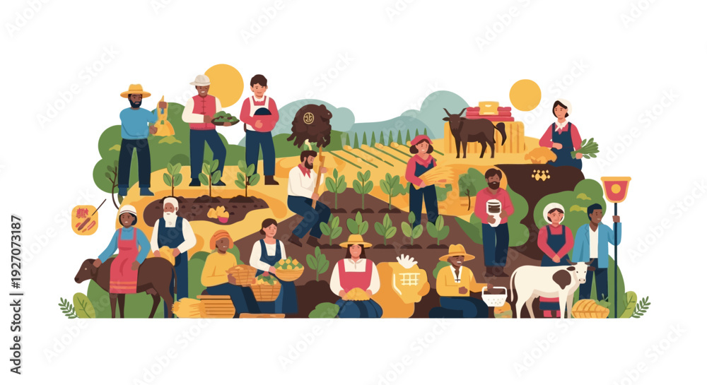 Obraz premium Diverse Farmers Community Working Together in Agriculture Field. Flat Vector Illustration of Food Production and Sustainable Farming.