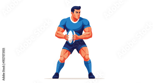 Illustration of a muscular rugby player in blue uniform holding a ball on a white background.