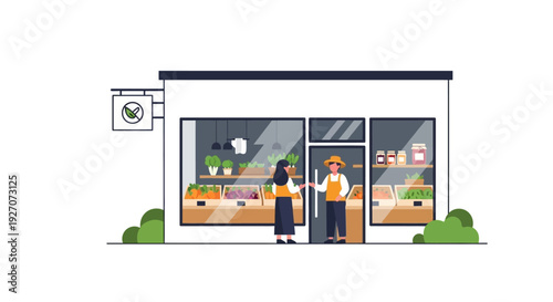 Fresh Produce Market Storefront: Customer and Clerk Outside Local Organic Food Shop Illustration.