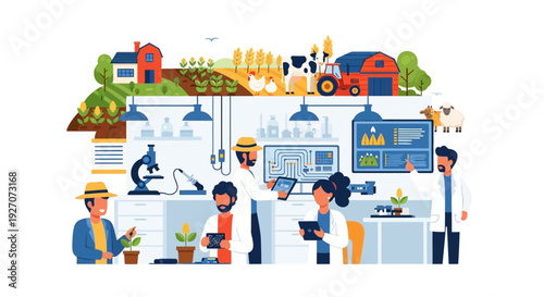 Digital Agriculture Research: Scientists Analyzing Crop Data in Lab for Sustainable Farming and Biotechnology Innovation.