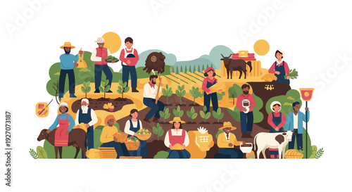 Diverse Farmers Community Working Together in Agriculture Field. Flat Vector Illustration of Food Production and Sustainable Farming.