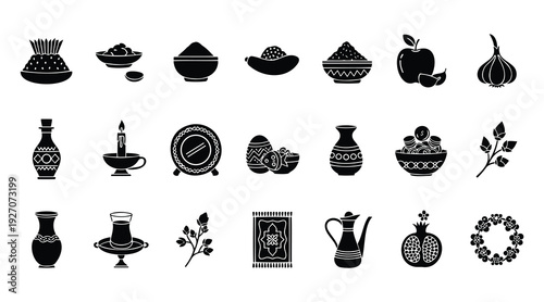 Black silhouettes of various traditional Mexican food and drink items on white background  icons with cultural designs