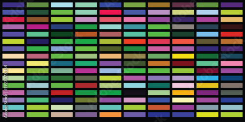 Vibrant grid of colorful rectangular color swatches creating abstract pattern background with diverse hues and shades demonstrating spectrum diversity and creative design elements