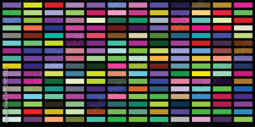 A grid of small, rectangular swatches displaying a wide and varied range of colors, arranged neatly on a dark background creating a diverse palette