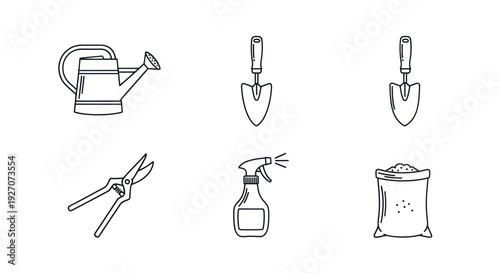 Gardening Tools Icon Set: Watering Can, Trowels, Pruners, Sprayer, Fertilizer Bag