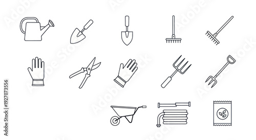 Gardening Tools Icon Set: Watering Can, Shovel, Rake, Gloves, Secateurs, Wheelbarrow, Hose