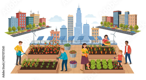 Sustainable Urban Farming: Family and Community Gardeners Harvesting Produce on a City Rooftop with Solar Panels and Wind Turbines.