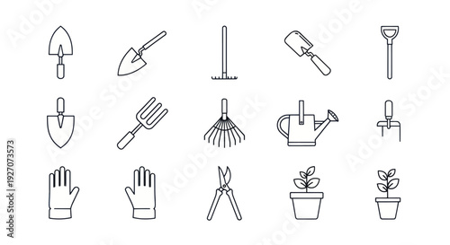 Gardening Tools Icons Set: Planting, Cultivating, Pruning, Watering, and Protection